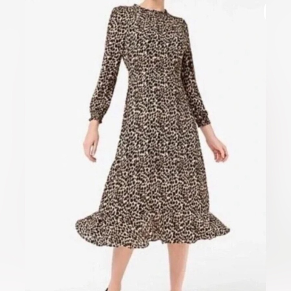 J. Crew Factory Ruffle Neck Peasant Dress in Leopard Print